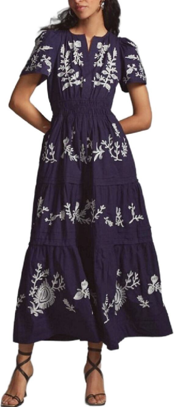 ANTHROPOLOGIE Somerset Maxi Dress Size XXS Navy Blue White Embroidered